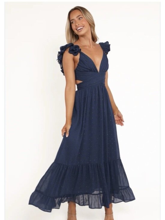 Petal & Pup Dresses & Skirts - Petal + Pup Navy Glitter Ruffle Maxi Dress Deep V Lace Up Back Gala Sz L